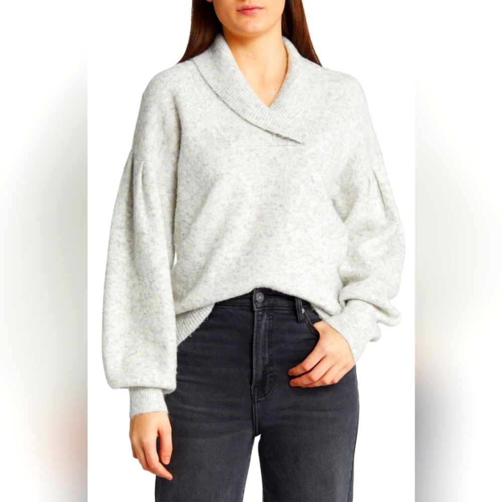 MADEWELL Vinson Shawl-Collar Pullover Sweater Gray Drop Shldrs Long Sleeves MED